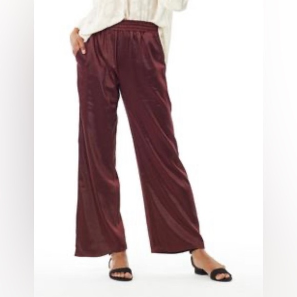 Ivy Pants - IVY Smocked Waist Satin Pull-On Wide Leg Pant with Pockets, sz S